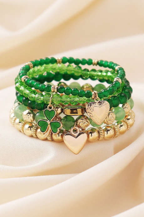 Green 5pcs St Patrick Lucky Beading Heart Charm Bracelets Set BH014661-P9