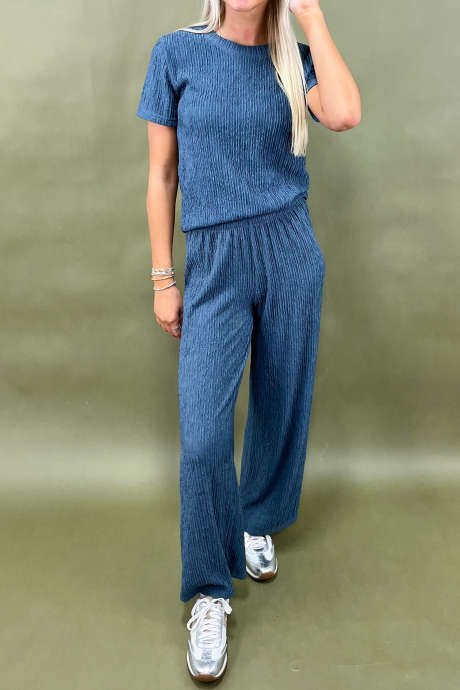 Prussian Blue Textured Tee and Pants Set