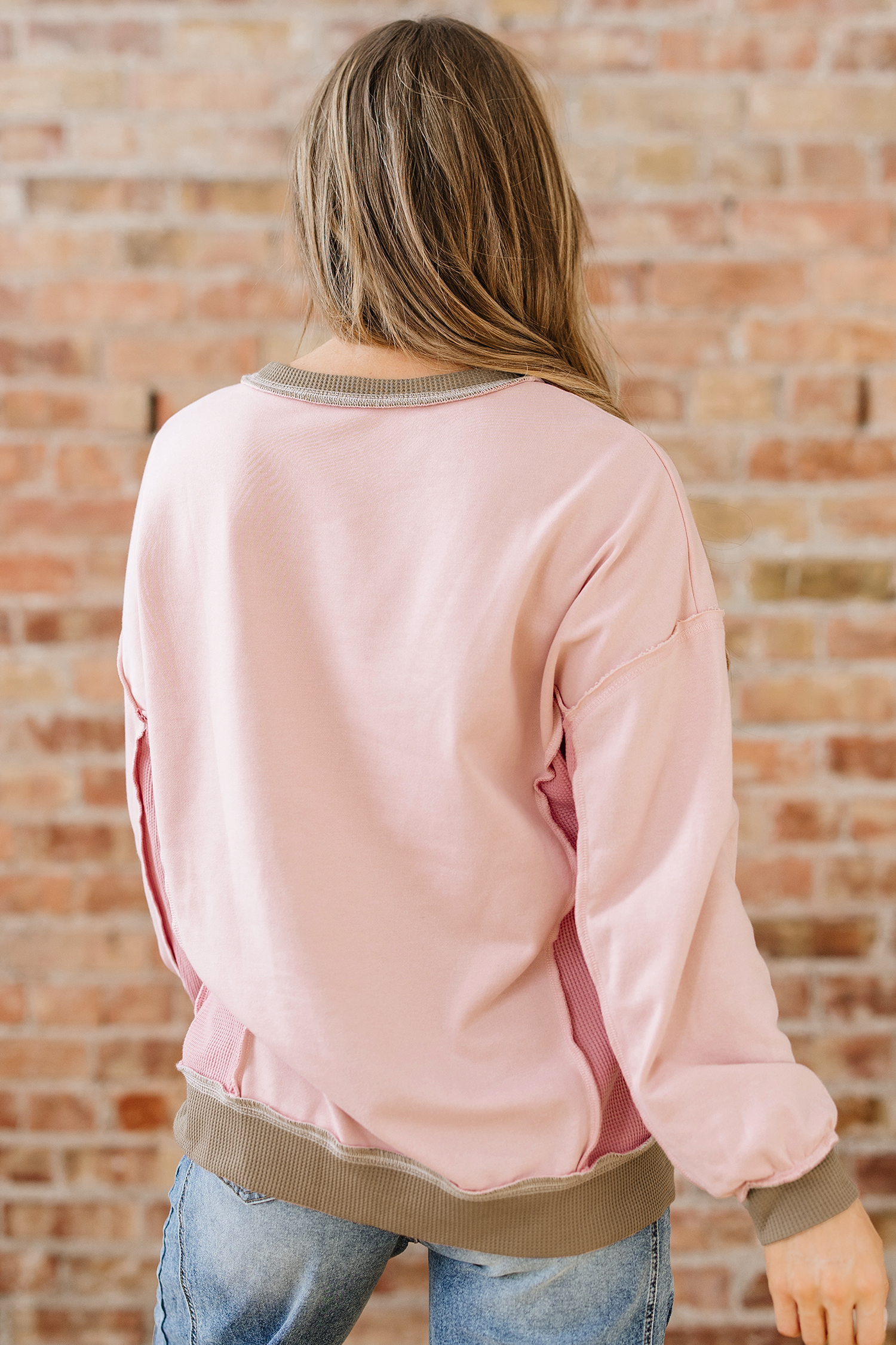 $8.2 Light Pink Color Block Mix Texture Waffle Patchwork Oversize ...