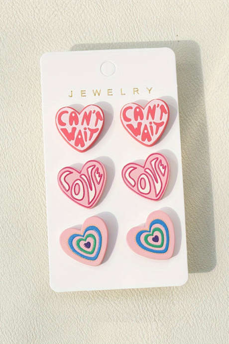 Pink CANT WAIT LOVE 3 Pairs Valentines Heart Shape Earrings Set