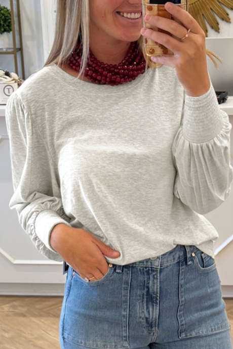 Top w stylu chłopskim z bufiastymi rękawami i marszczonymi mankietami w kolorze owsianki