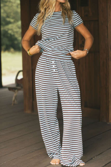Brown Stripe Crew Neck Tee Elastic Waist Loose Pants 2pcs Set