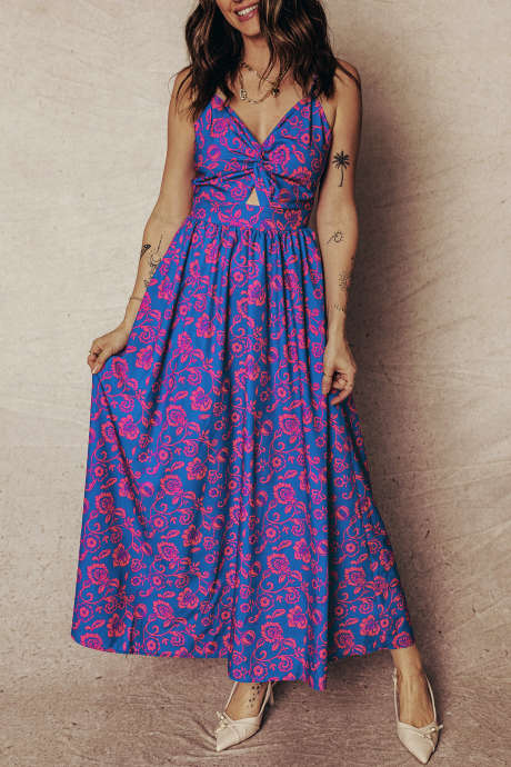 Blue Floral Print Twisted V Neck Tied Backless Maxi Dress LC6127421-P520