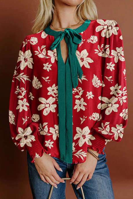Red Contrast Tied Neck Shirred Puff Sleeve Flower Blouse LC25134921-P10320