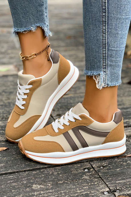 Brown Varsity Color Block Patchwork Lace-up PU Leather Sneakers
