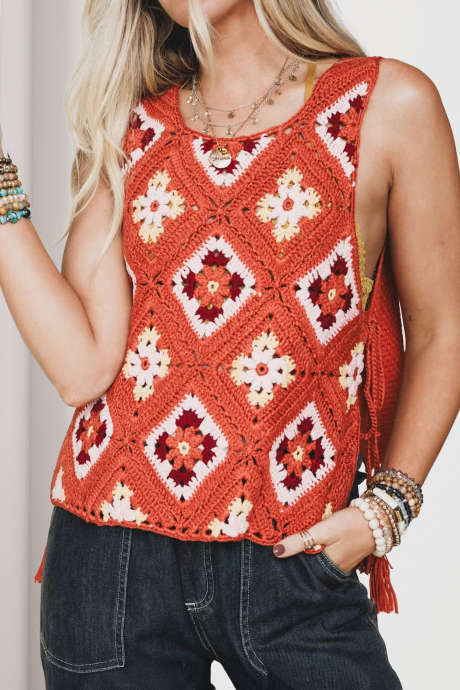 オレンジのボヘミアン風サイドタイドフローラルクロシェタンクトップ（スリット入り）