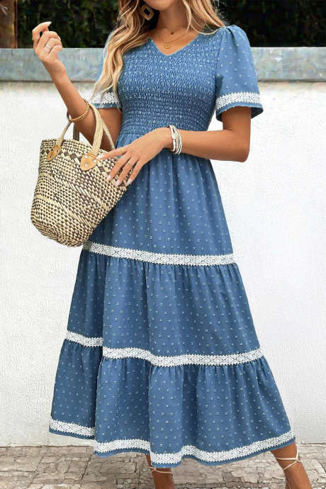 Ashleigh Blue Embroidery Dusty Blue Short Sleeve V Neck Dress