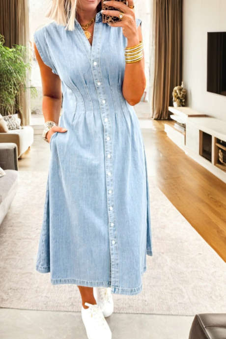 Beau Blue Full Buttons Pleated Cinched Waist Sleeveless Long Denim Dress