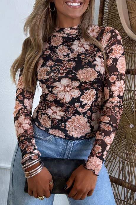 ブラックフローラルプリントメッシュロングスリーブトップス