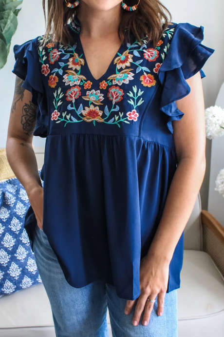 Dirty blue V Neck Ruffled Sleeve Floral Embroidered Detail Babydoll Blouse