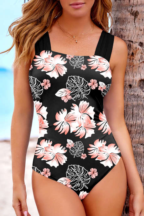 Black Floral Print Square Neck Ruched Tommy Control One Piece Swimsuit