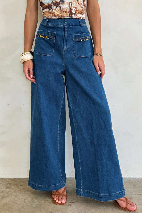 Spodnie jeansowe Sail Blue Hardware Decor z szerokimi nogawkami i łatkami na kieszeniach