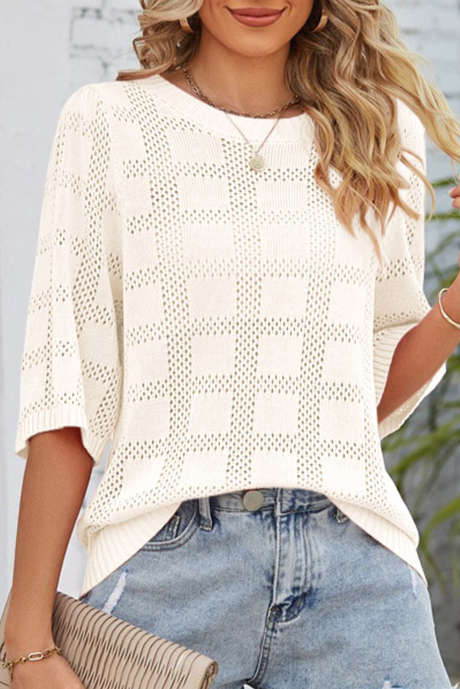 Vit rutig virkad stickad kortärmad tröja