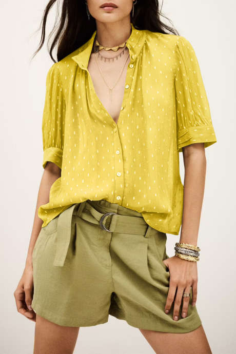 Yellow Cream Metallic Jacquard Short Sleeve Shirt