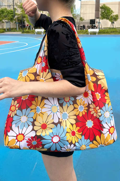 Легкая складная большая тканевая сумка с цветочным принтом в виде огненно-красных ромашек