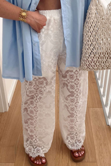 White Boho Sheer Lace Overlay Elastic Waist Shift Pants