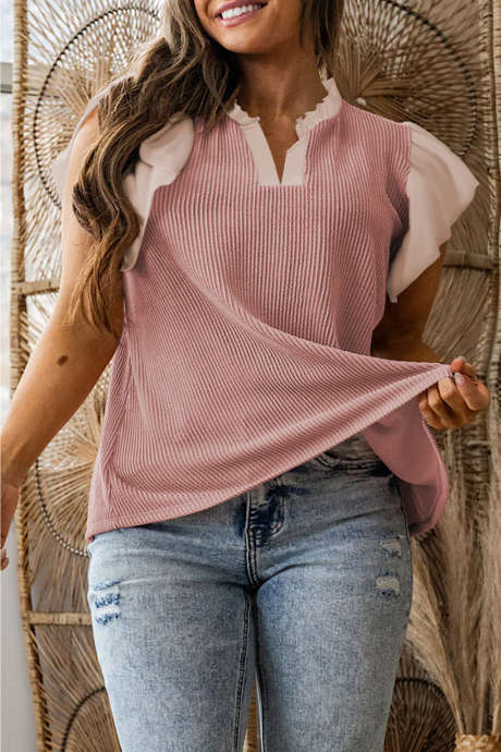 Fuschia Plus Size Kontrastfärgad Volangringad Volangblus Kortärmad Ribbad Texturerad