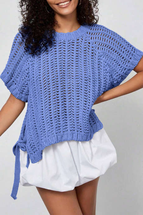 Ashleigh Blue Plus Size Open Knit Bow Tie Short Sleeve Sweater
