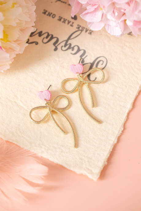 Pink Waffled Heart Stud Gold Plated Bow Dangle Earrings