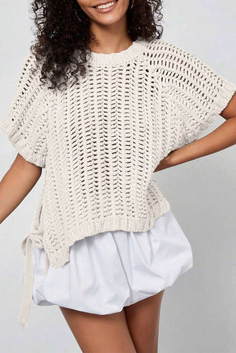 White Plus Size Open Knit Bow Tie Short Sleeve Sweater