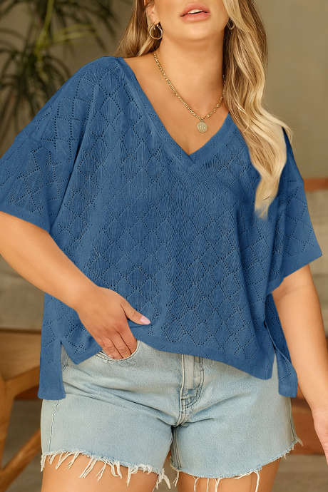 Sky Blue Pointelle Rhombus Knit Plus Size V Neck Loose Top
