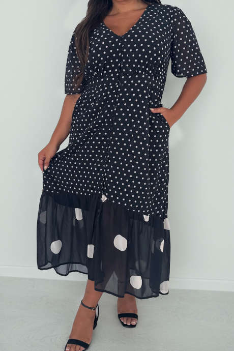 Black Double Spot Frill Hem Plus Size Maxi Dress