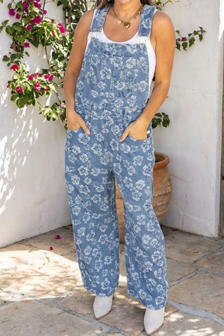 Sky Blue Floral Printed Loose Denim Overall Jumpsuit