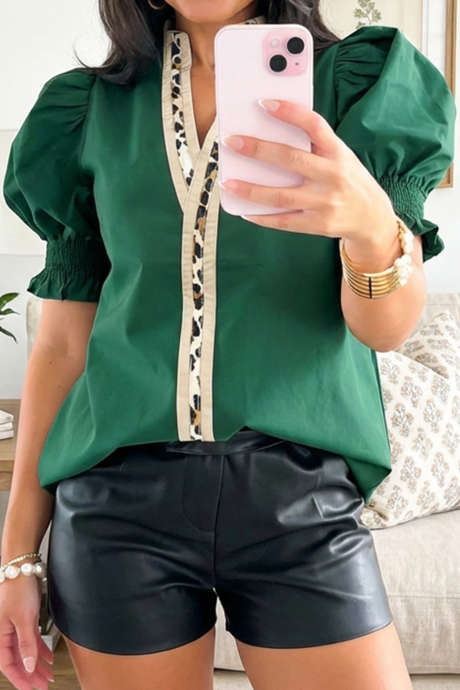 Evergreen Contrast Leopard V Neck Short Bubble Sleeve Blouse