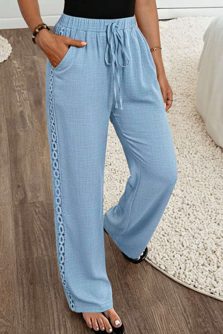 Myosotis Drawstring Elastic Waist Lace Patchwork Detail Loose Pants