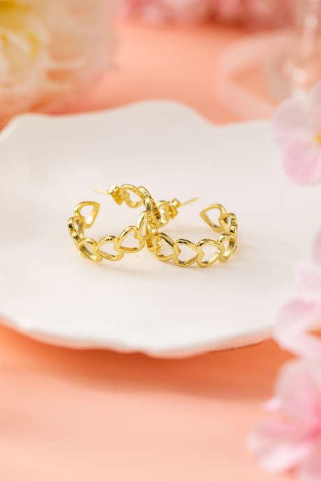 Gold Plated Heart Link Hoop Stud Earrings