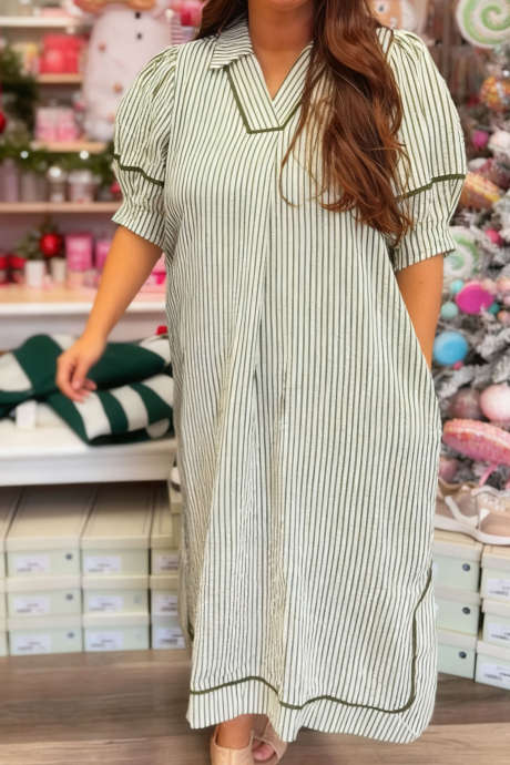Green Stripe Plus Size Collared Puff Half Sleeve Midi Dress with Slits