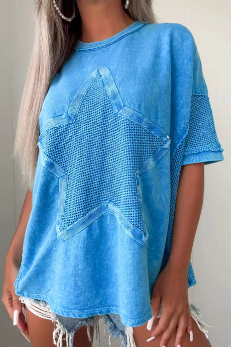 Blue Mineral Wash Star Mesh Patchwork Oversize Tee