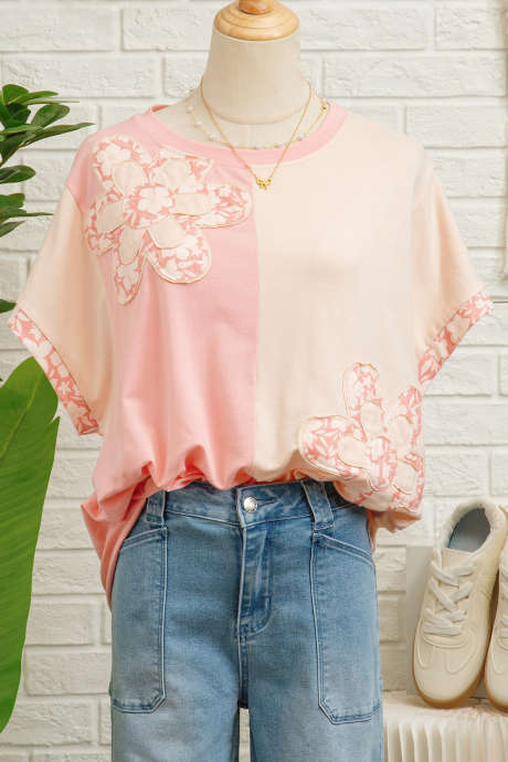Aprikoosinvärinen kukkapainatettu löysä T-paita