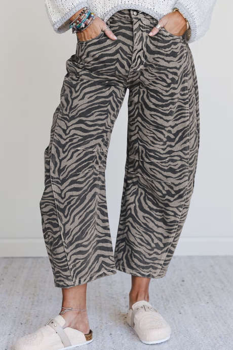 Gray Zebra Stripe Printed Wide Leg Jeans