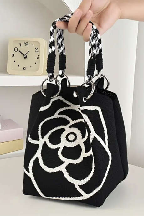 Sac fourre-tout tricoté grand format à motif rose rétro noir