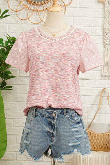 Pink Subtle Dyed Jacquard Embroidered Short Sleeve Patchwork Top