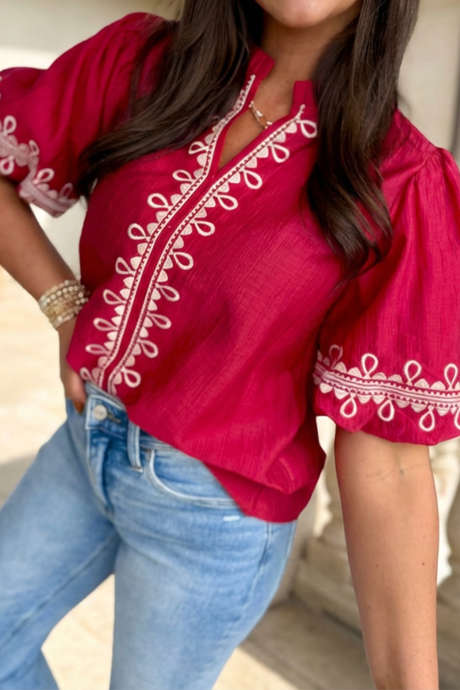 Racing Red Embroidered Detail Split Neck Short Puff Sleeve Blouse