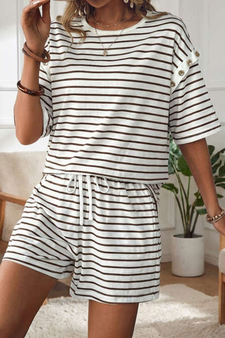 Brązowy T-shirt w paski z guzikami, z krótkim rękawem i ściągaczem w pasie, 2 szt., komplet