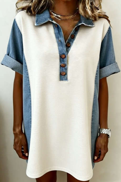 Lichtgrijze denim kleurblok patchwork polo kraag T-shirt tuniekjurk