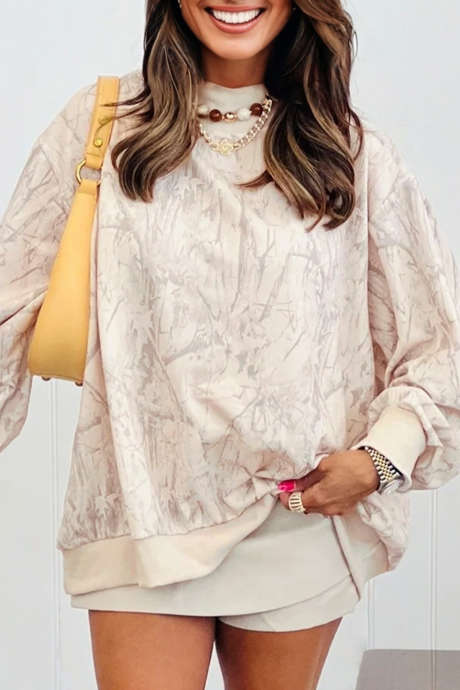 Sweat-shirt ample à col montant et motif camouflage kaki