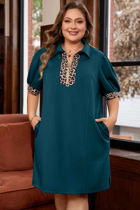 Sea Green Leopard Patchwork Detail Quarter Zip Collared Plus Size Mini Dress PL613406-P1709
