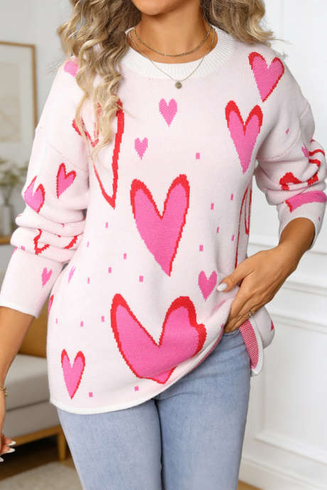 White Splendid Heart Print Valentines Day Sweater