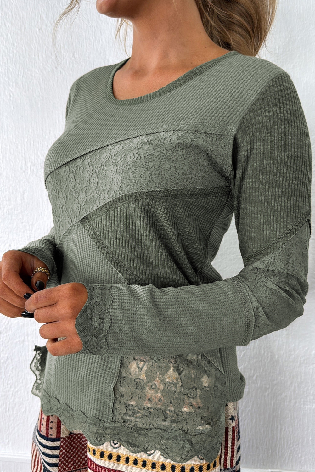 $7.7 Sage Green Solid Color Waffle Ribbed Lace Patchwork Long Sleeve ...
