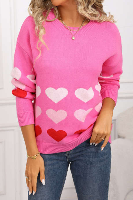 Rose Red Drop Shoulder Romantic Heart Pattern Sweater