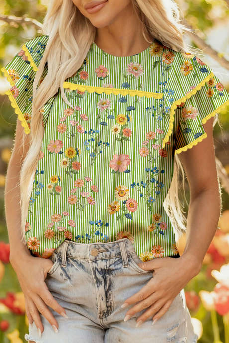 Green Stripe Floral Printed Scalloped Detail Ruffle Short Sleeve Blouse
