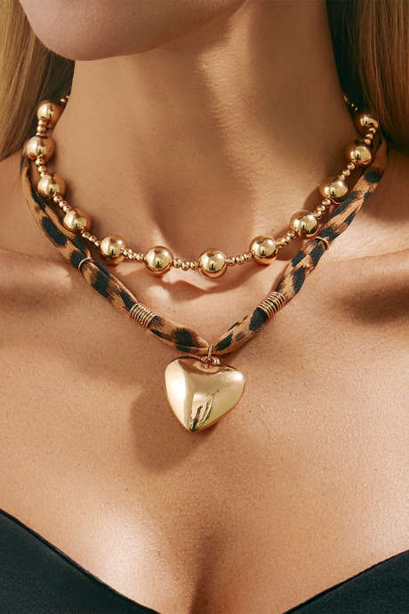 Gold Plated Mixed Beads Heart Charm Leopard Scarf 2pcs Necklace Set