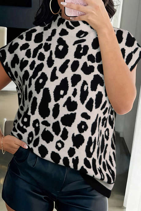 Pull noir à col montant et manches courtes, imprimé léopard LC2771184-P220