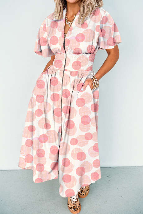 Langes, pinkfarbenes Kleid mit Polka-Dot-Muster, Rüschenärmeln und Reißverschluss, kurzes Kleid mit kurzen Ärmeln und Rüschen, kurzes Kleid mit Reißverschluss