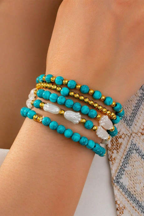 Conjunto de 5 pulseiras com contas turquesa e douradas e detalhes perolados BH014663-P404
