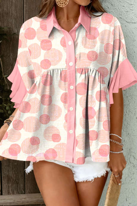 Pink Double Polka Dot Printed Ruffle Trim Short Sleeve Babydoll Shirt